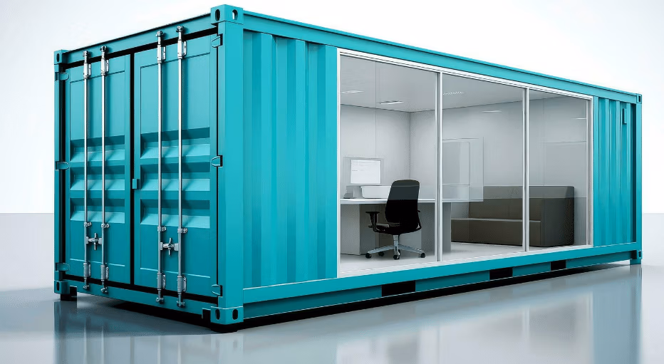 Turquoise shipping container transformed into a sleek office space with glass sliding doors